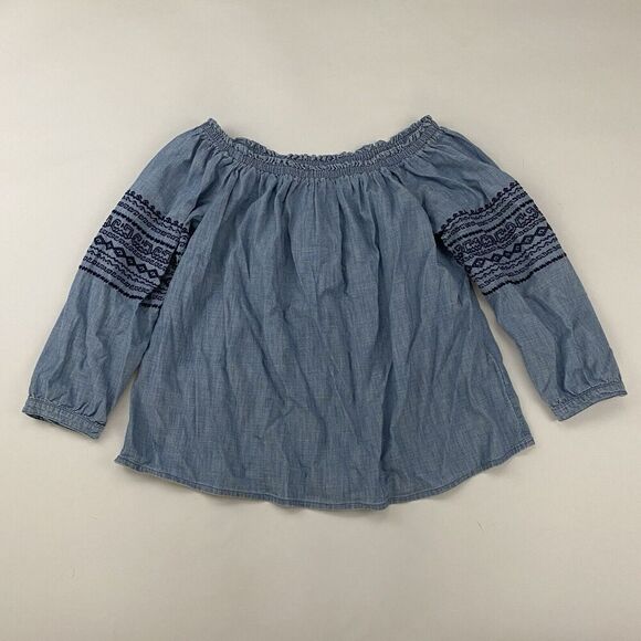 GAP Blue Chambray Off The Shoulder Smocked Embroidered Blouse Size M 3/4 Sleeve - Picture 4 of 11